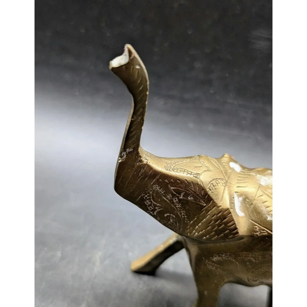 Vintage Etched Brass Elephant‎ Figurine Trunk Up Good Luck Statue India Decor 6